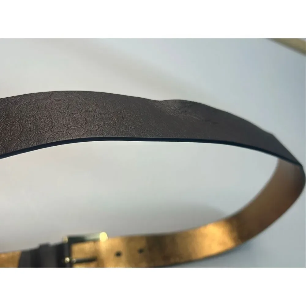 Michael Kors Brown MK Logo Monogram Belt Gold Buckle Womens Size L 44”